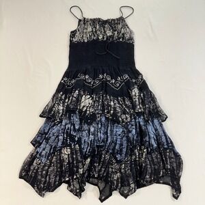 Advance Batik Tiered Midi Dress Women OS Blue Black Smocked Whimsigoth Fairy
